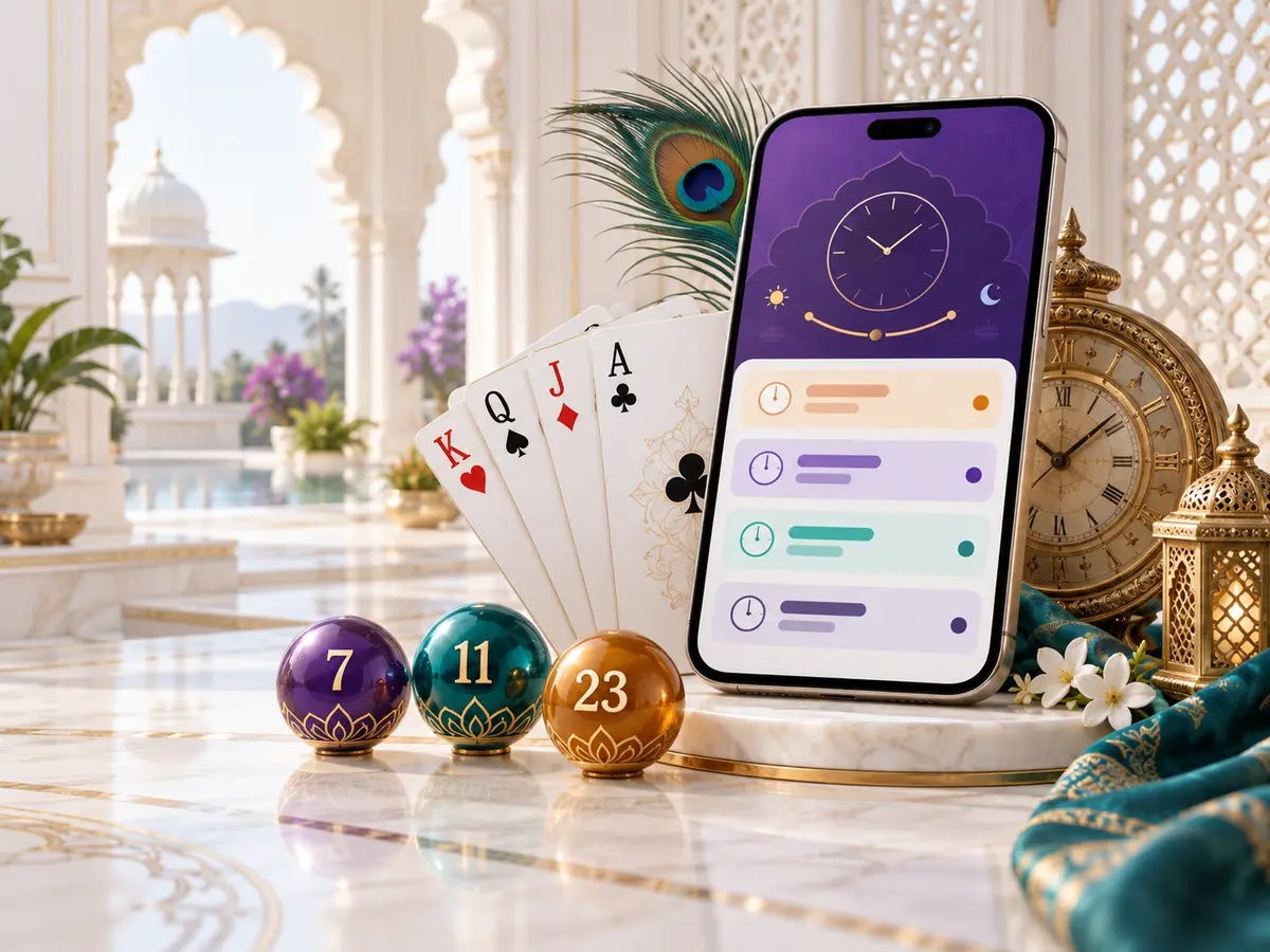 Premium white Indian architectural scene with a phone, clocks, cards and three reference-number objects for the 1 minute page